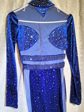 Dance Costume Blue Velvet & Mesh Performance Jumpsuit with Crystal Embellishment